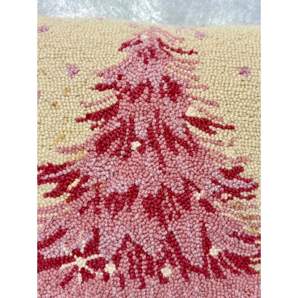 Peking Handicraft Pink Christmas Tree Hand Hooked Wool Pillow Velvet Back 18x18
